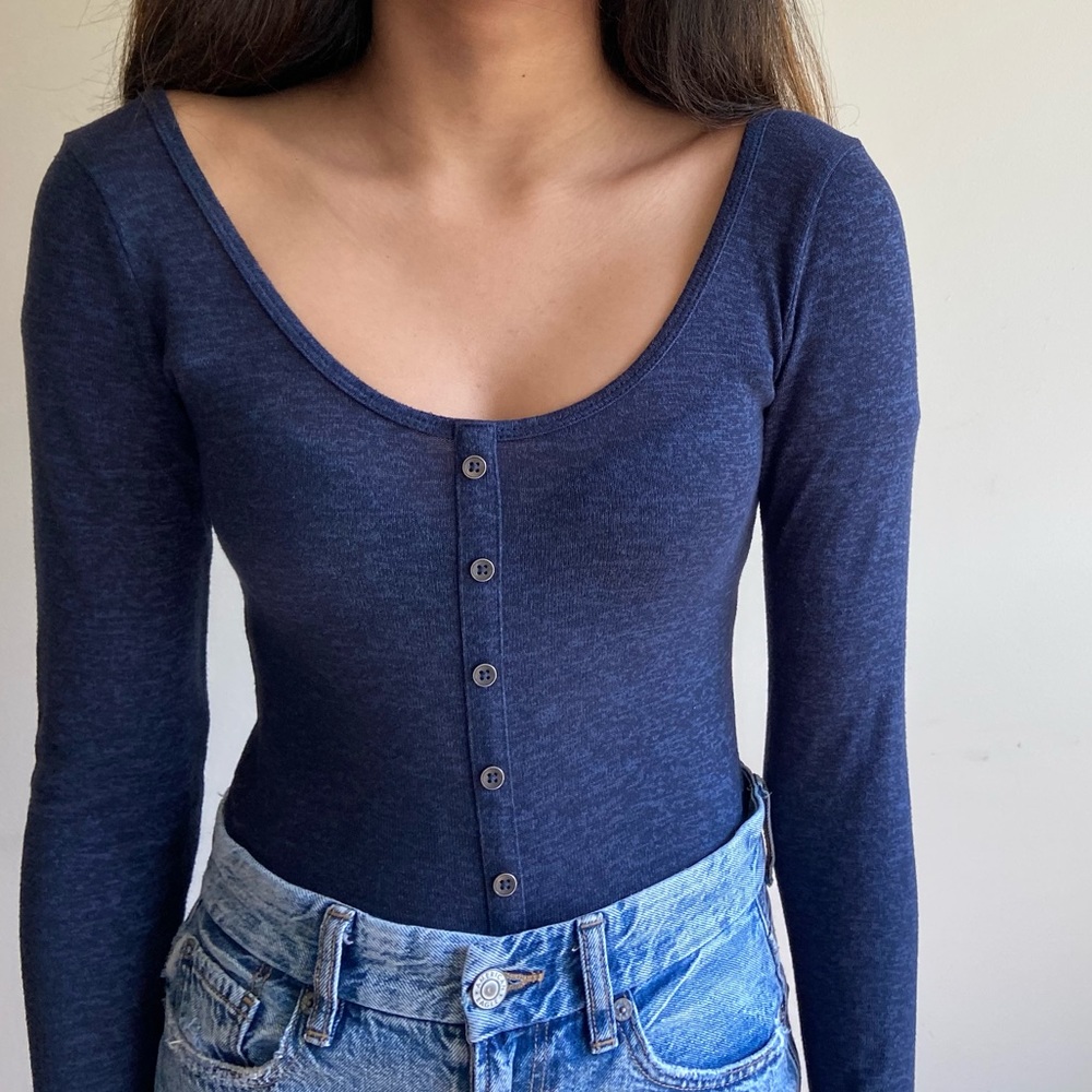 Long Sleeve Navy Button Front Top